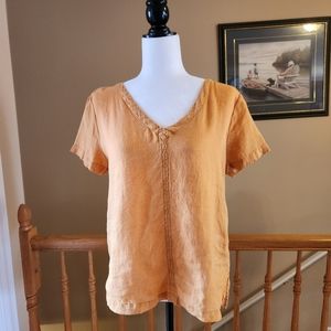 C&C California linen yellow orange short sleeve v-neck strappy tee blouse small
